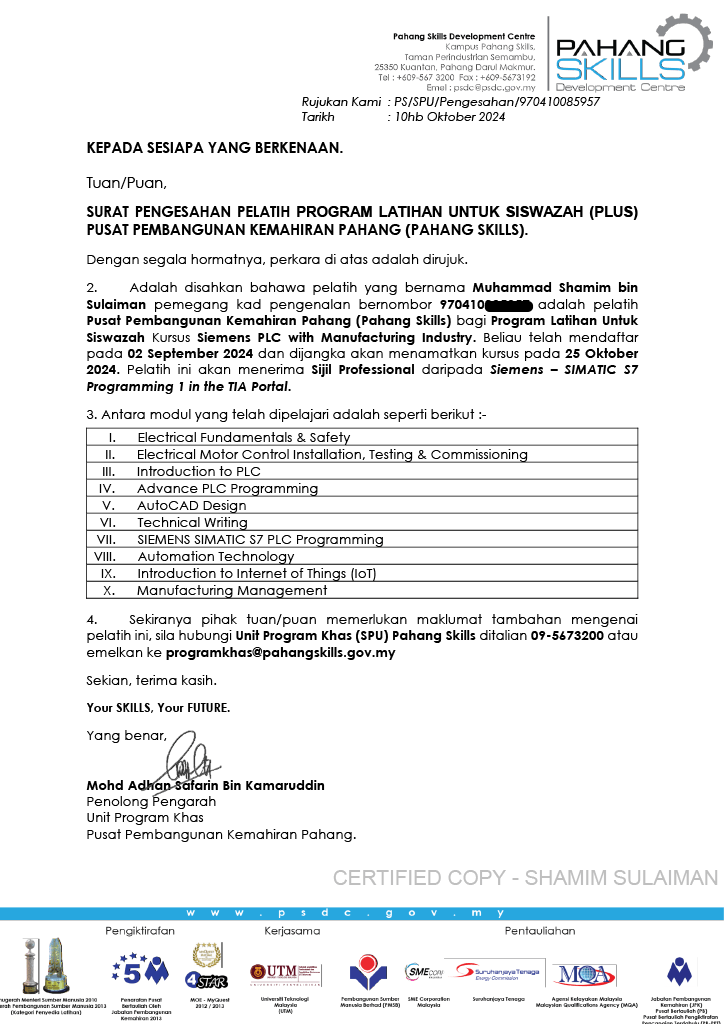 Training confirmation letter showing list of modules